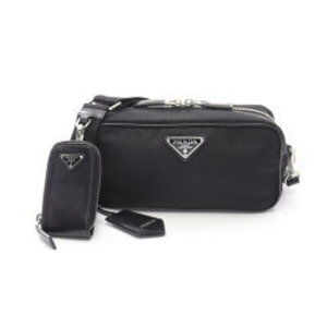Prada Tessuto Vitello Shoulder Bag Nylon Saffiano Leather Black